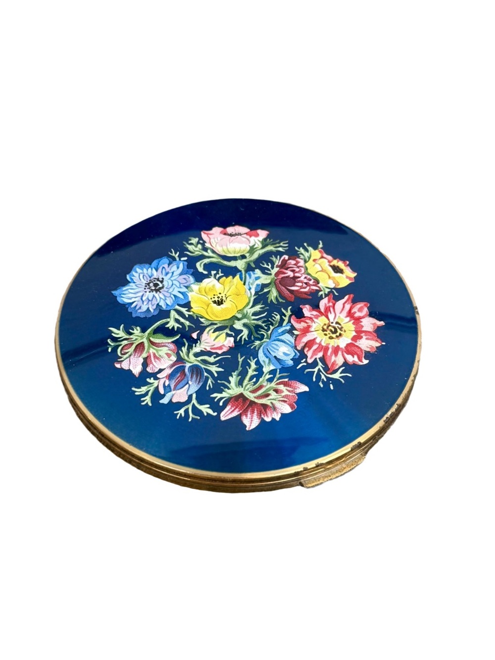 Vintage Mid Century Stratton Round Compact  Cobalt & Floral Enamel